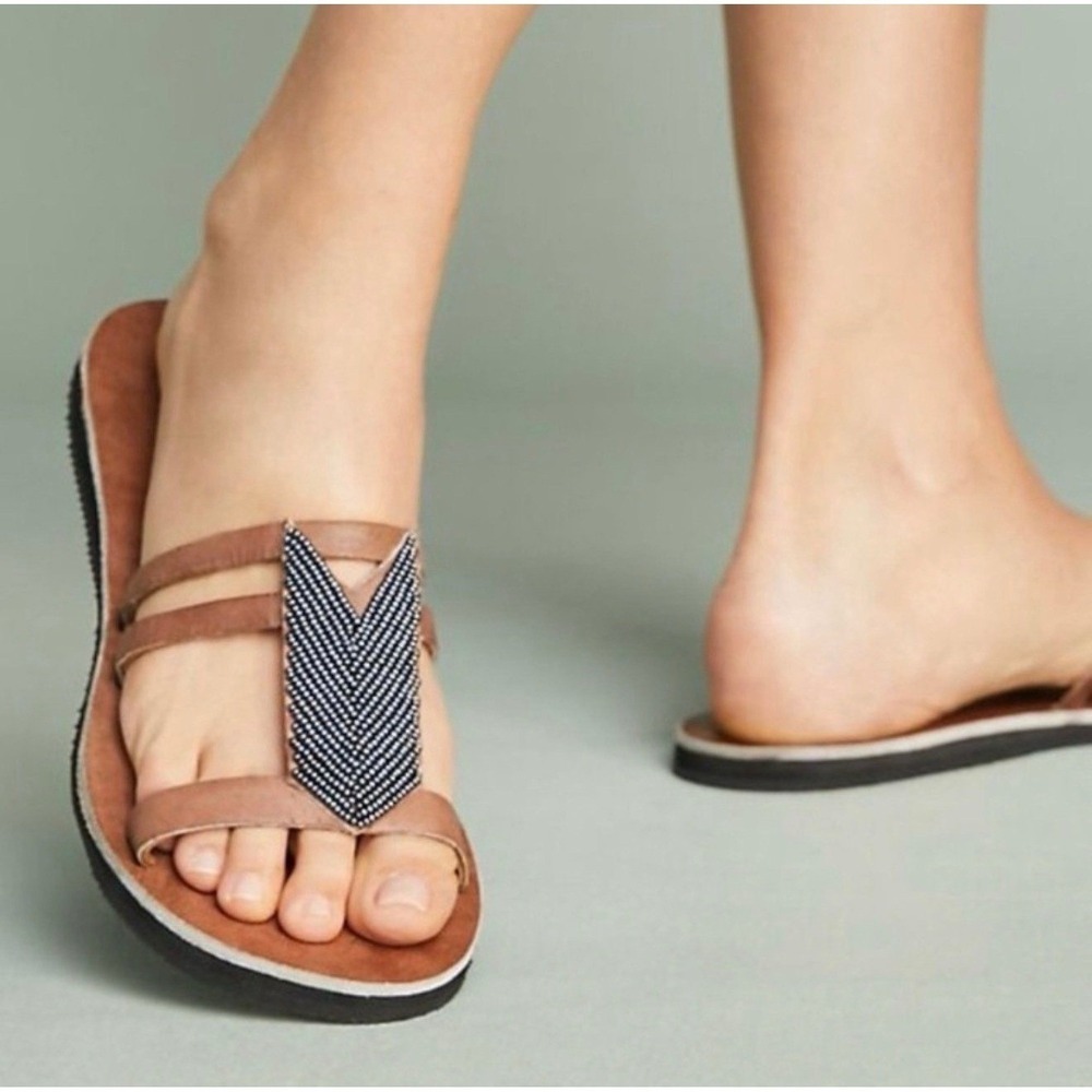 Seeded‎ by Anthropologie Beaded Leather Slide Sandals Brown Boho Sz 7